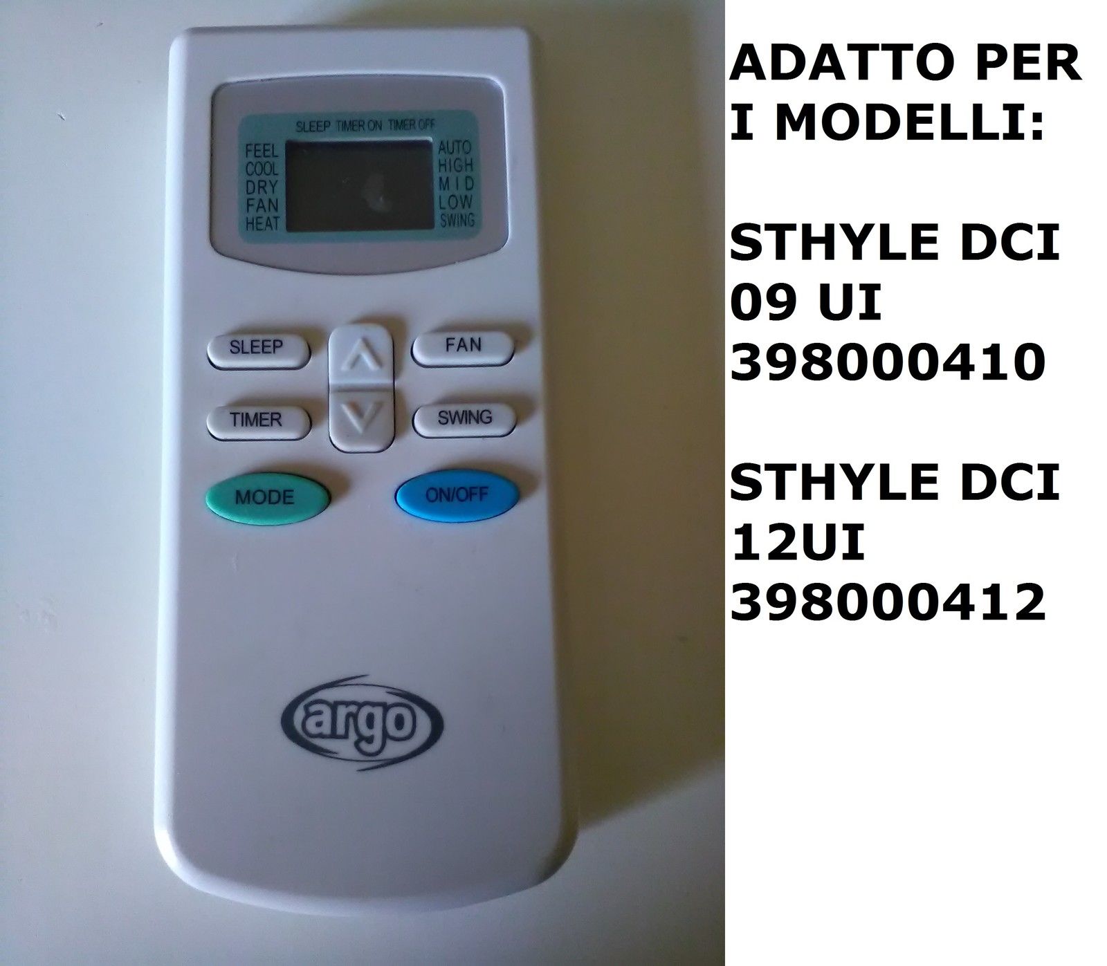 TELECOMANDO PER CLIMATIZZATORE ARGO STHYLE DCI 09 UI-STHYLE DCI 12UI