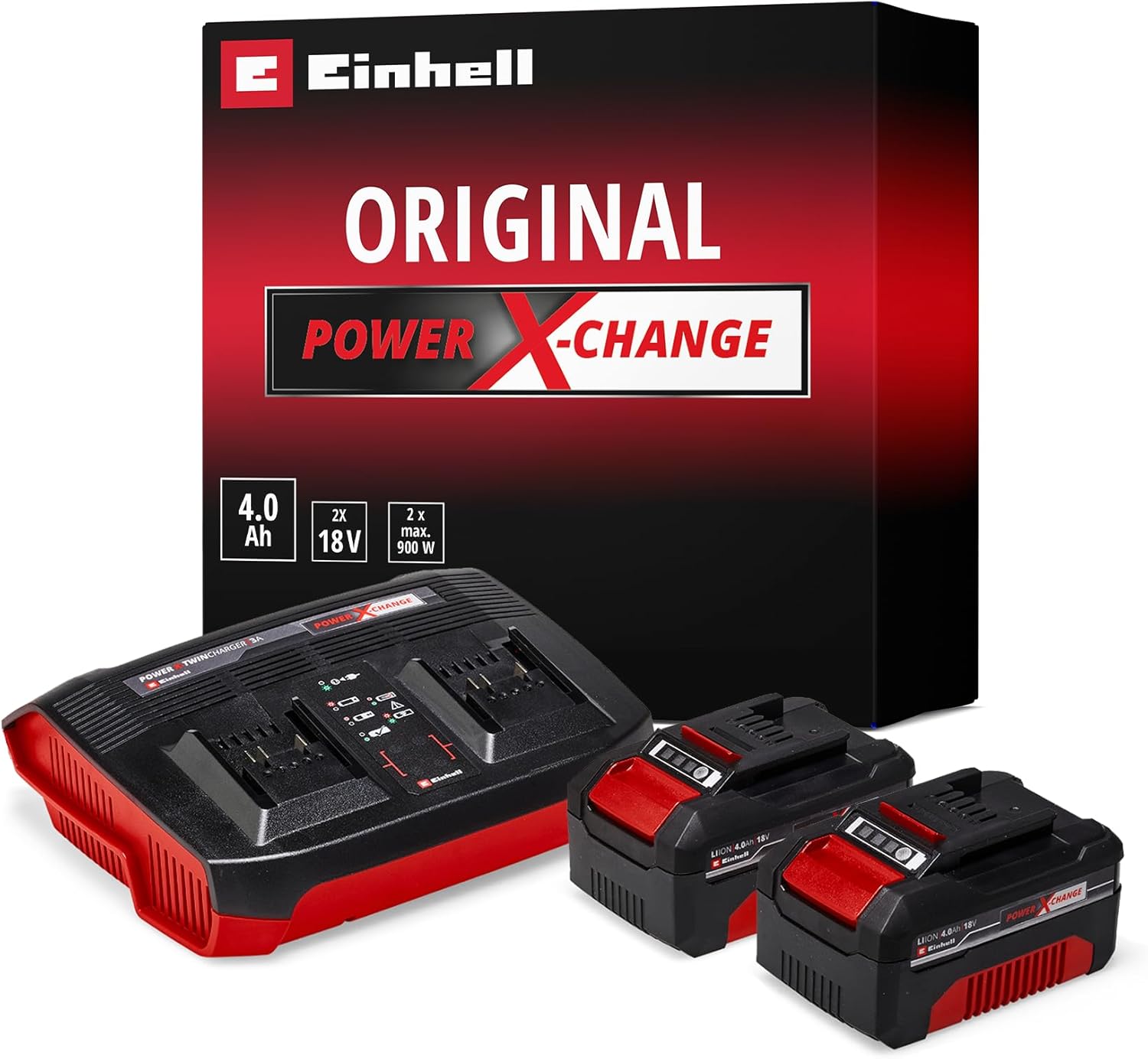 Originale Einhell Starter kit 2 batterie da 4,0 Ah e Twincharger Power X-Change