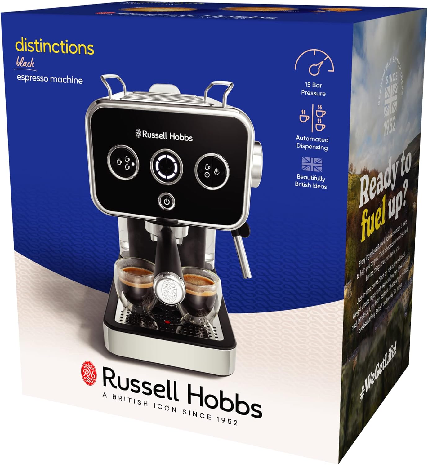 Russell Hobbs Macchina Caff� Espresso Nero - Con Portafiltro - Acciaio Inox; Pressione 15 bar; Inserto 1-2 tazze; Cialde ESE; Dosaggio Automatico Regolabile, Erogatore Vapore, Distinction 26450-56
