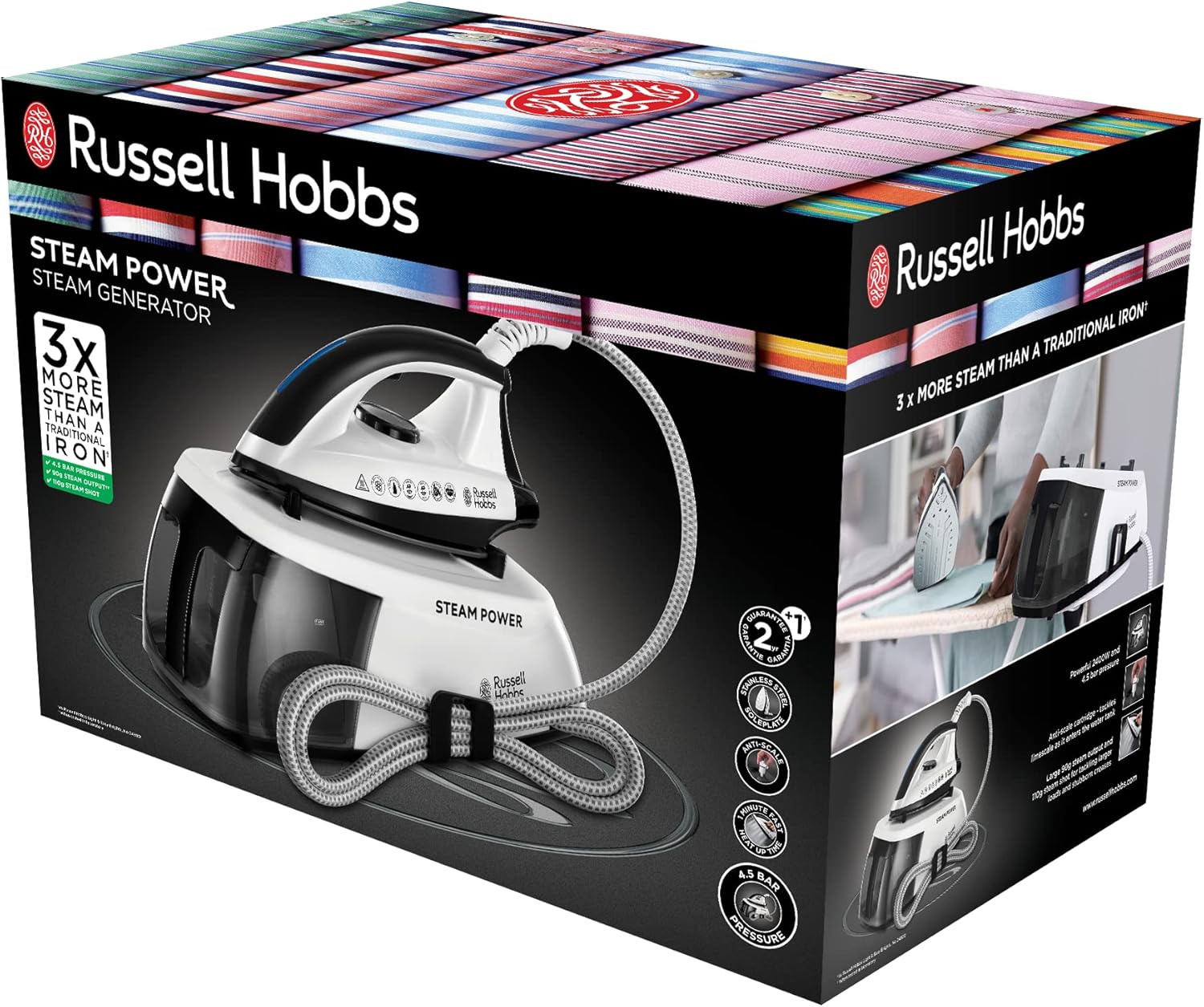 Russell Hobbs Ferro da Stiro a Caldaia, pressione 4.5 bar, vapore 90g/min, 1.3 L serbatoio, Riscaldamento Rapido, Anticalcare, Carica continua, 2400 W, 1.3 L, Nero, 24420-56