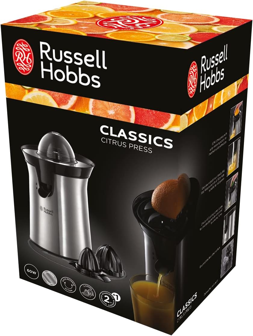Russell Hobbs Spremiagrumi Elettrico, Bicchiere Grande E Piccolo, Rotazione Bidirezionale Destra, Sinistra, Antigoccia, Lavastoviglie Ok, 60 W, Senza Bpa, Acciaio Inox, 22760-56, Grigio