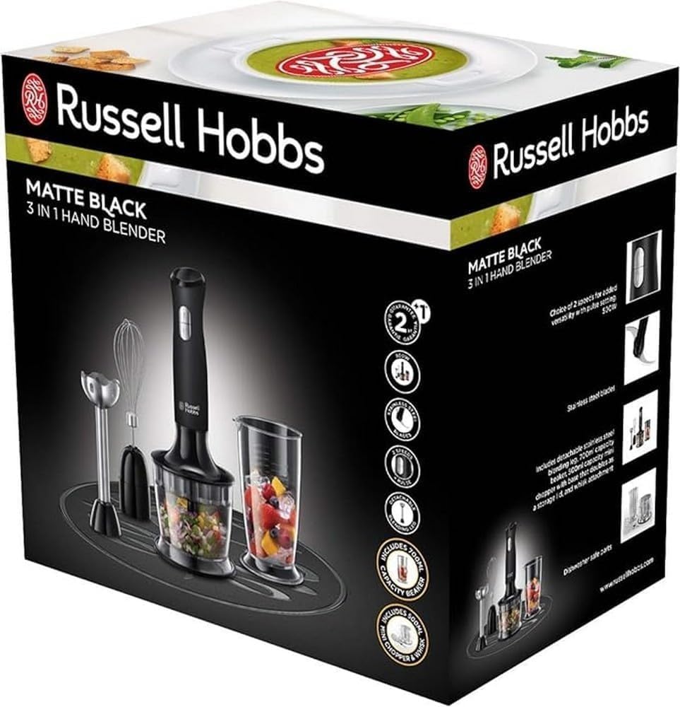 Russell Hobbs Frullatore A Immersione,3 In 1: Frullatore (bicchiere 700 Ml), Tritatutto (500 Ml), Frusta , 2 Velocit�,  Frusta, Lavastoviglie Ok, Nero 24702-56