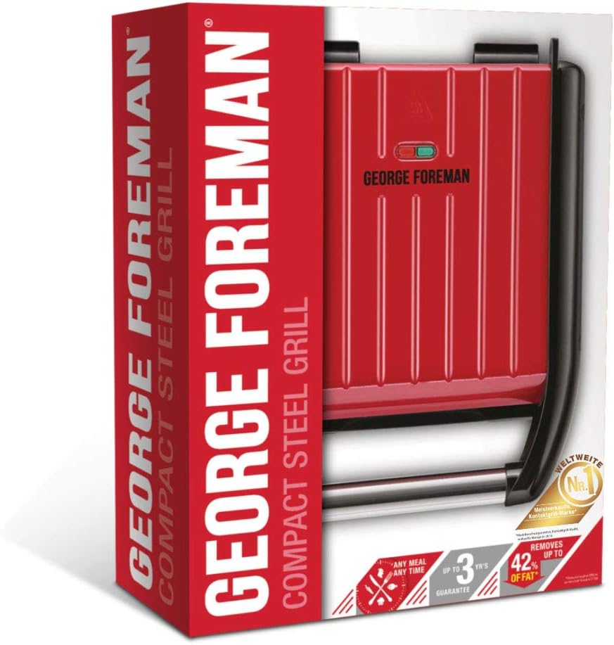 George Foreman Griglia Elettrica a Contatto e Piastra per panini - Vaschetta Raccogli Grasso - Dimensioni 24x17 cm, per 3 porzioni;  Rosso 25030-56