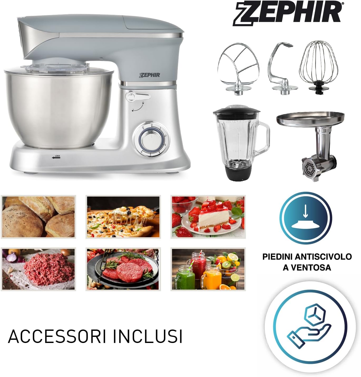Zephir, Impastatrice planetaria professionale 7 lt con Frullatore e Tritacarne, Potenza 1300W, Frullatore in vetro 1,5lt, 6 velocit�, Ciotola acciaio inox 7L, Piedini antiscivolo, Blocco di sicurezza